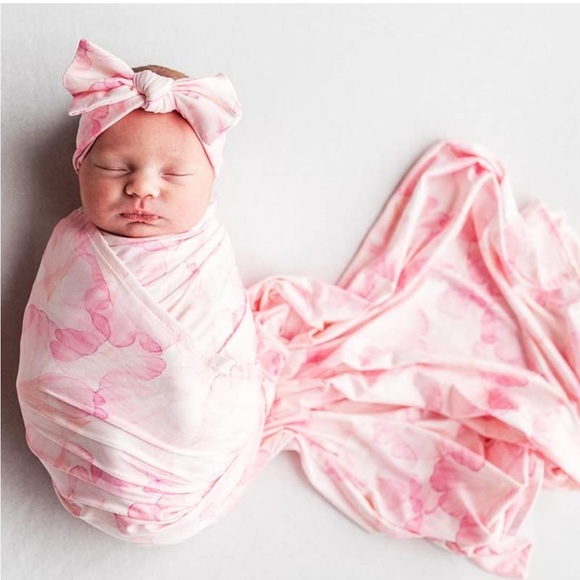 Bamboo petal pink Swaddle Blanket with the head wrap bow set - Picture 1 of 8